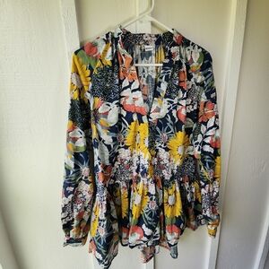 ROOEY Floral Linen Tunic Blouse Size XL